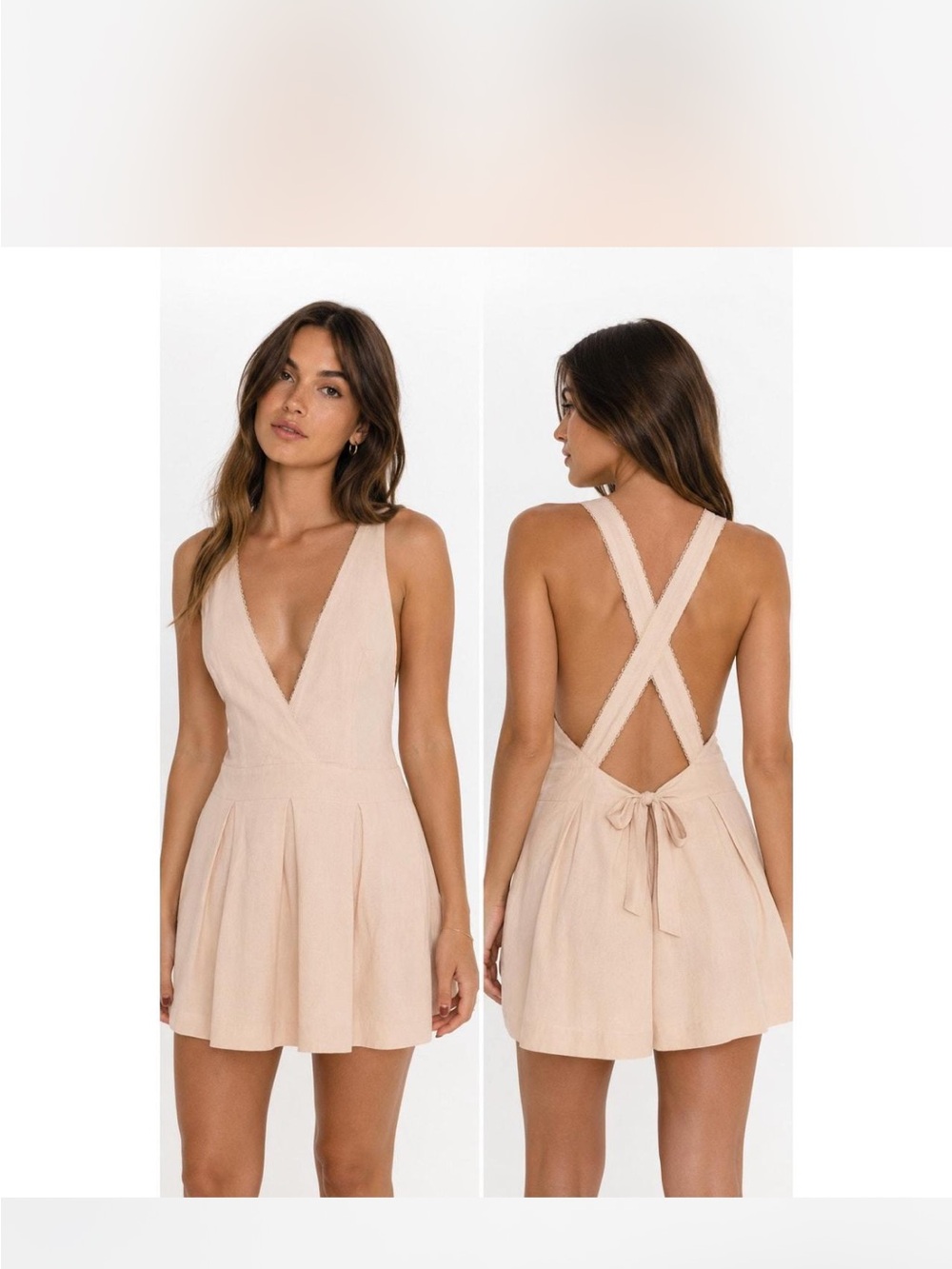 Plunging V-Neck Cross-Back Alya Mini Dress in Nude